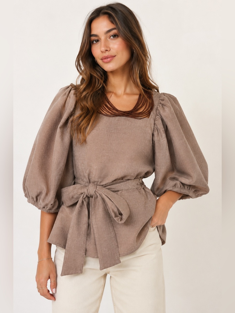 BCBGeneration Vintage Y2K Taupe Puff Sleeve Tie-Waist Blouse Sz. M